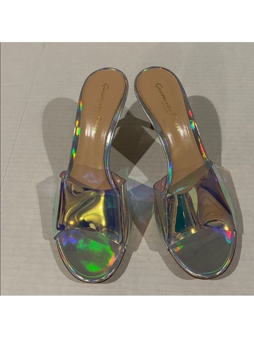 Gianvito Rossi Elle 105 Silver Iridescent and Foil Leather Plexi Mules-36 Euro